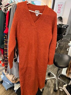 Future Collective Rust Orange Knit V-Neck Sweater Dress